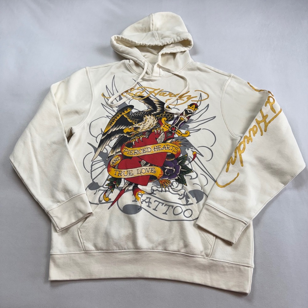 Ed Hardy Mens Eagle Pierced Hearts Tattoo Hoodie Cream EHM1300-59 Size M